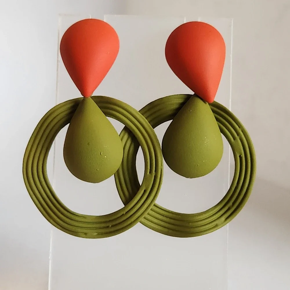 Matte Red and Olive Green Geometric Teardrop Hoop Drop Statement Earrings